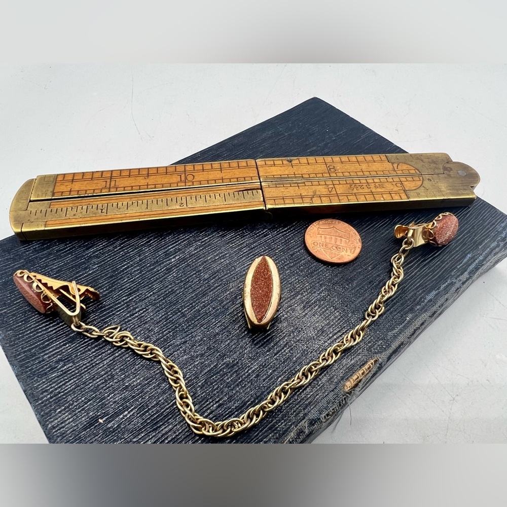 Vintage sweater guard cardigan clips set goldstone with chain - Picture 4 of 4